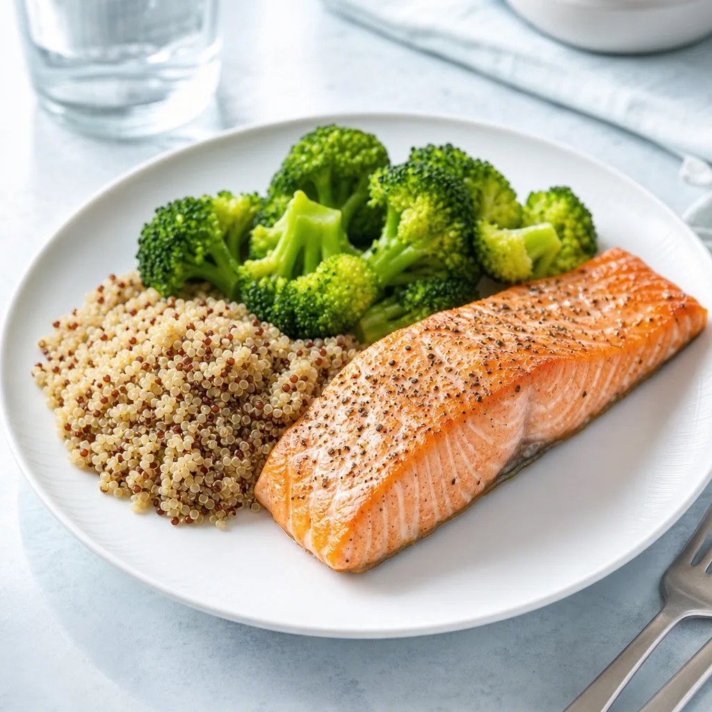 baked salmon fillet on a plate with quinoa and steamed broccoli florets