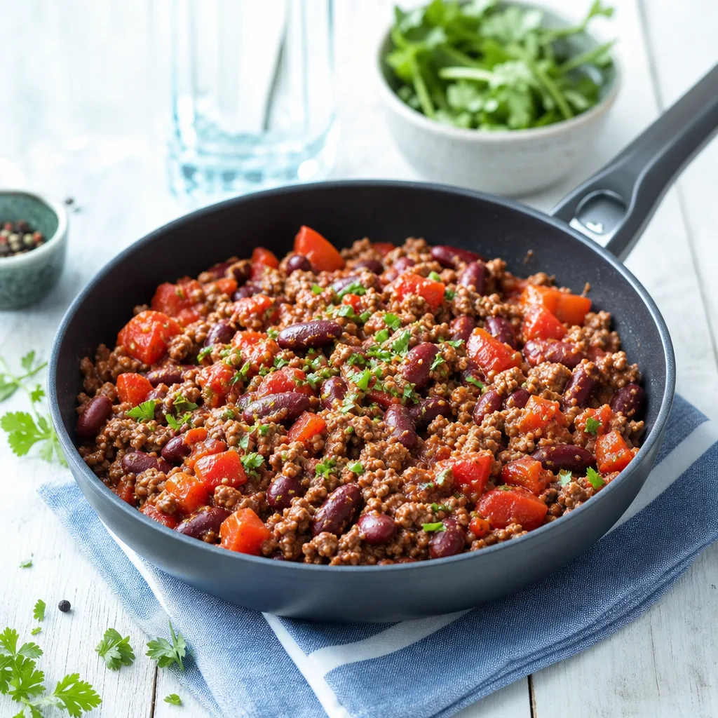 skillet of ground beef with kidney beans and diced tomatoes, rustic kitchen table