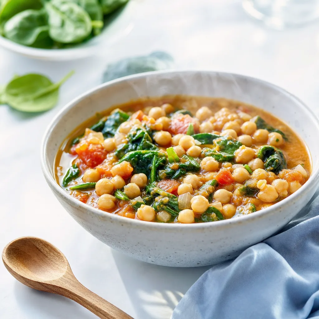 bowl of chickpea and spinach stew, steam rising, rustic wooden spoon beside it