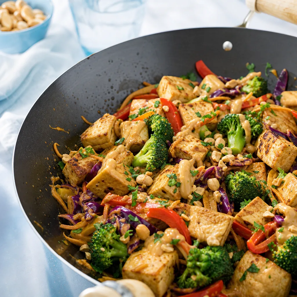 stir-fried tofu cubes with vegetables in a peanut sauce, close-up in a wok