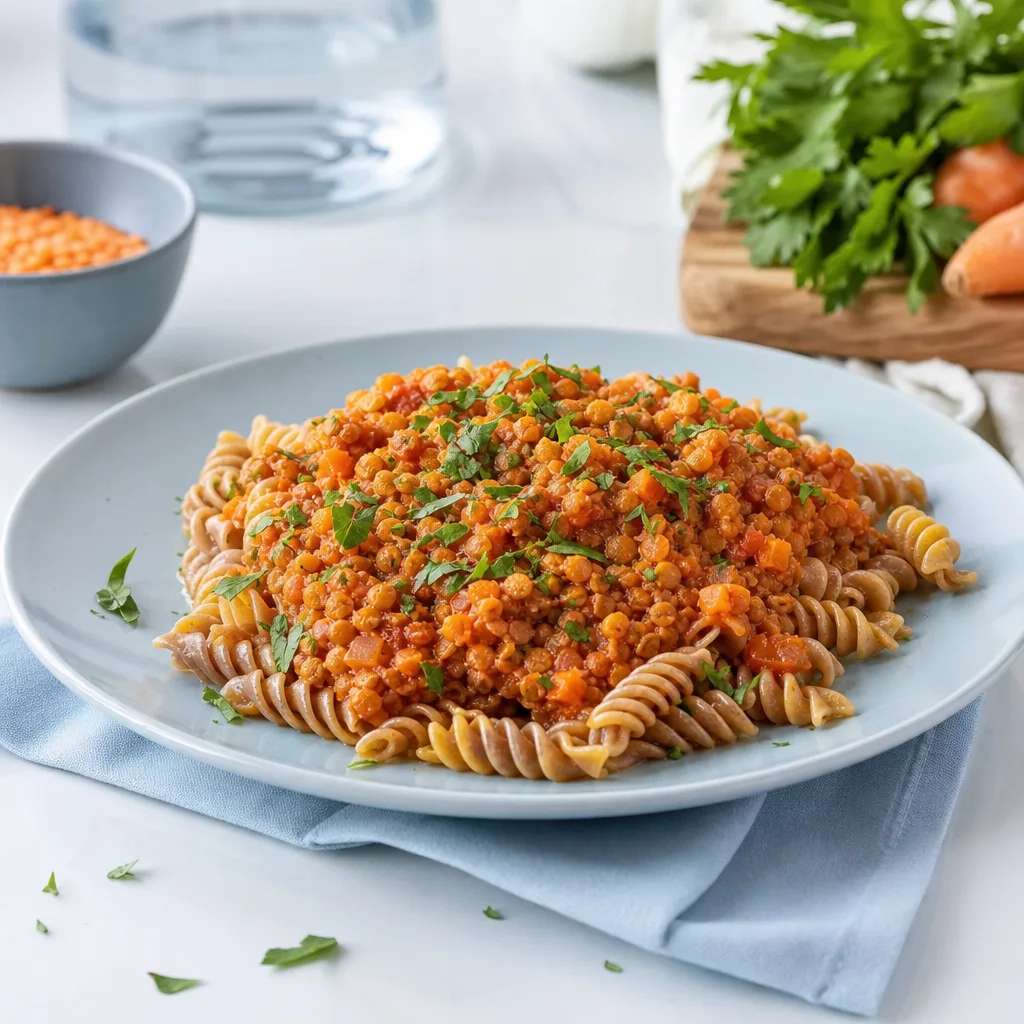 plate of whole wheat pasta with a rich lentil bolognese sauce, herbs on top