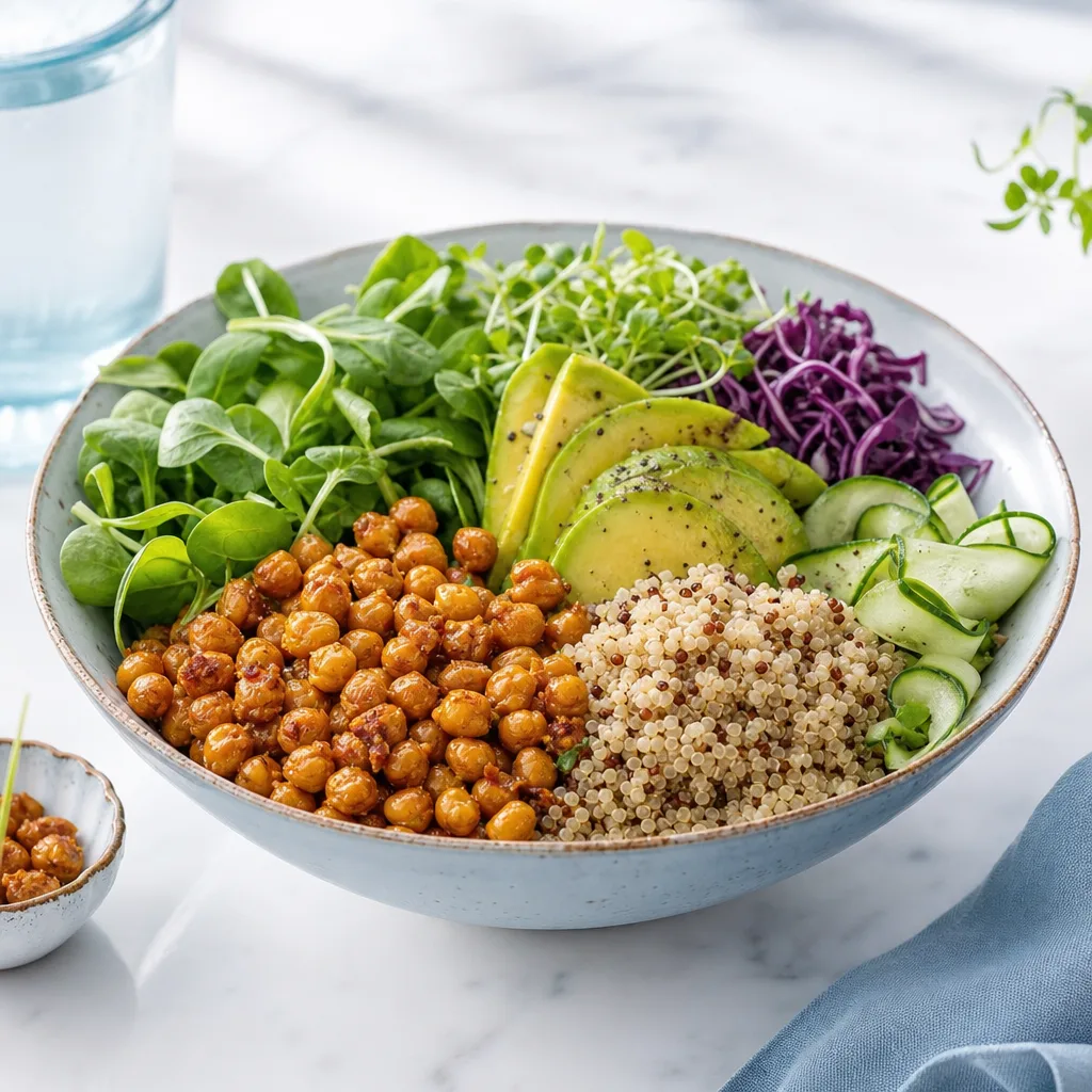 buddha bowl with roasted chickpeas, quinoa, avocado and greens arranged in sections