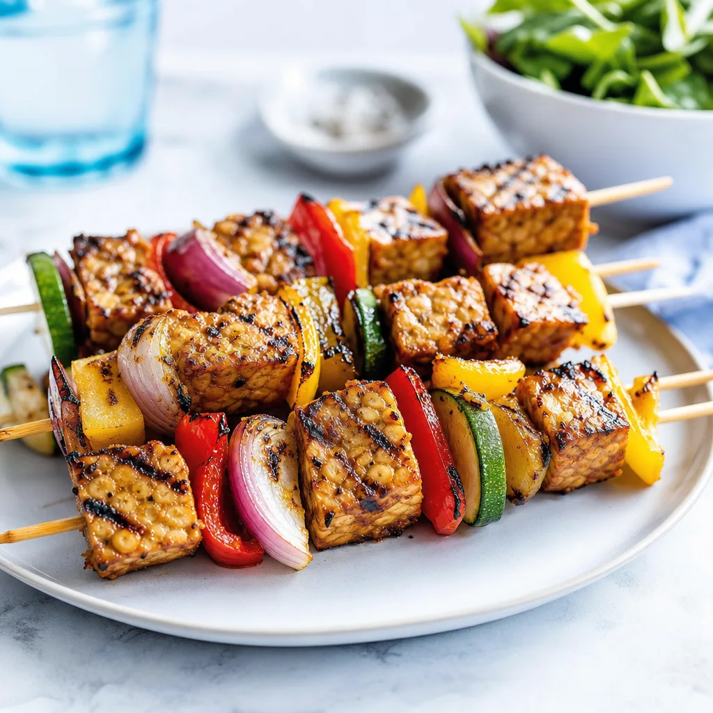 grilled tempeh and vegetable skewers on a plate, char marks visible, close-up