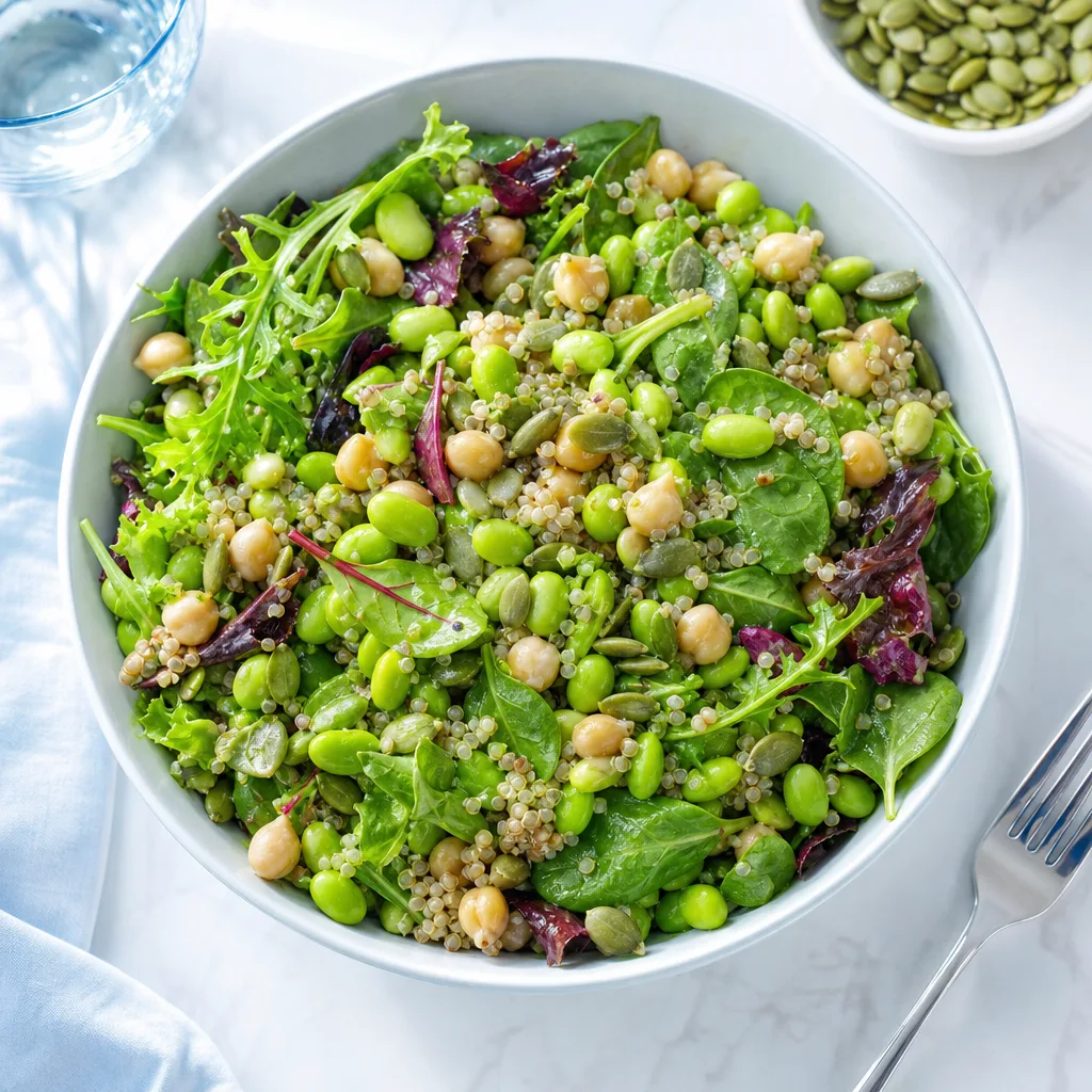 bowl of salad with edamame beans, mixed greens and seeds, top-down view
