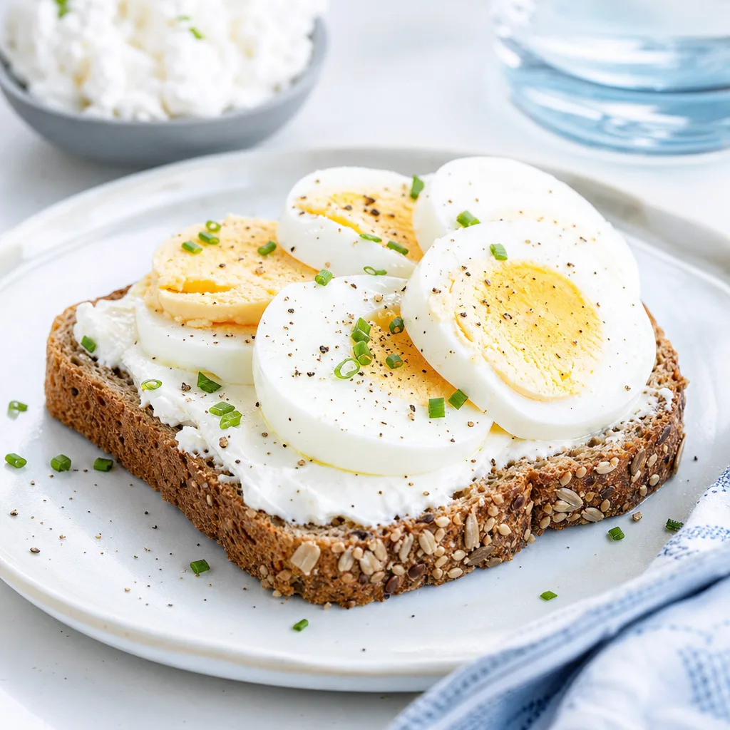 slice of whole grain bread topped with cream cheese and sliced boiled egg, close-up