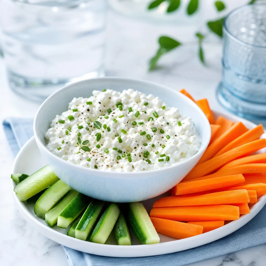 bowl of cottage cheese dip surrounded by carrot and cucumber sticks