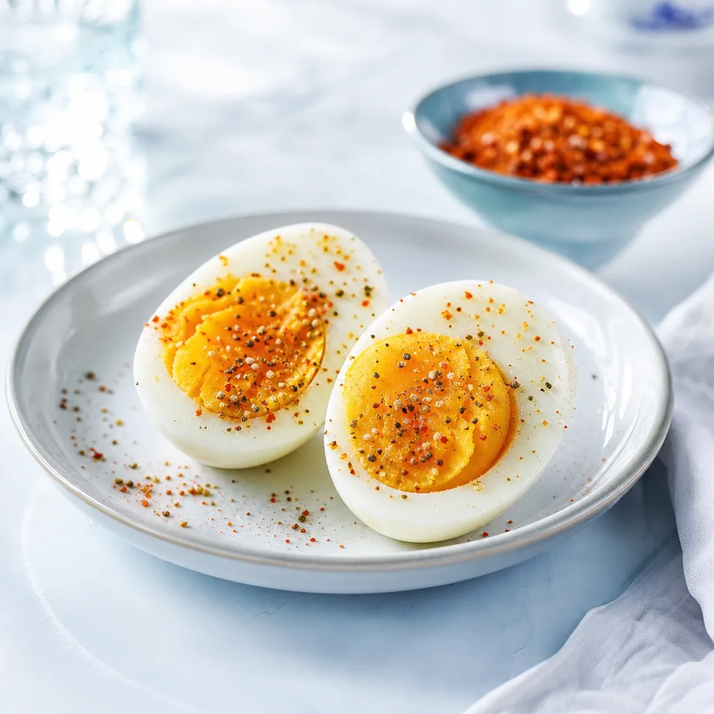 two halved boiled eggs on a small plate with a pinch of spiced salt