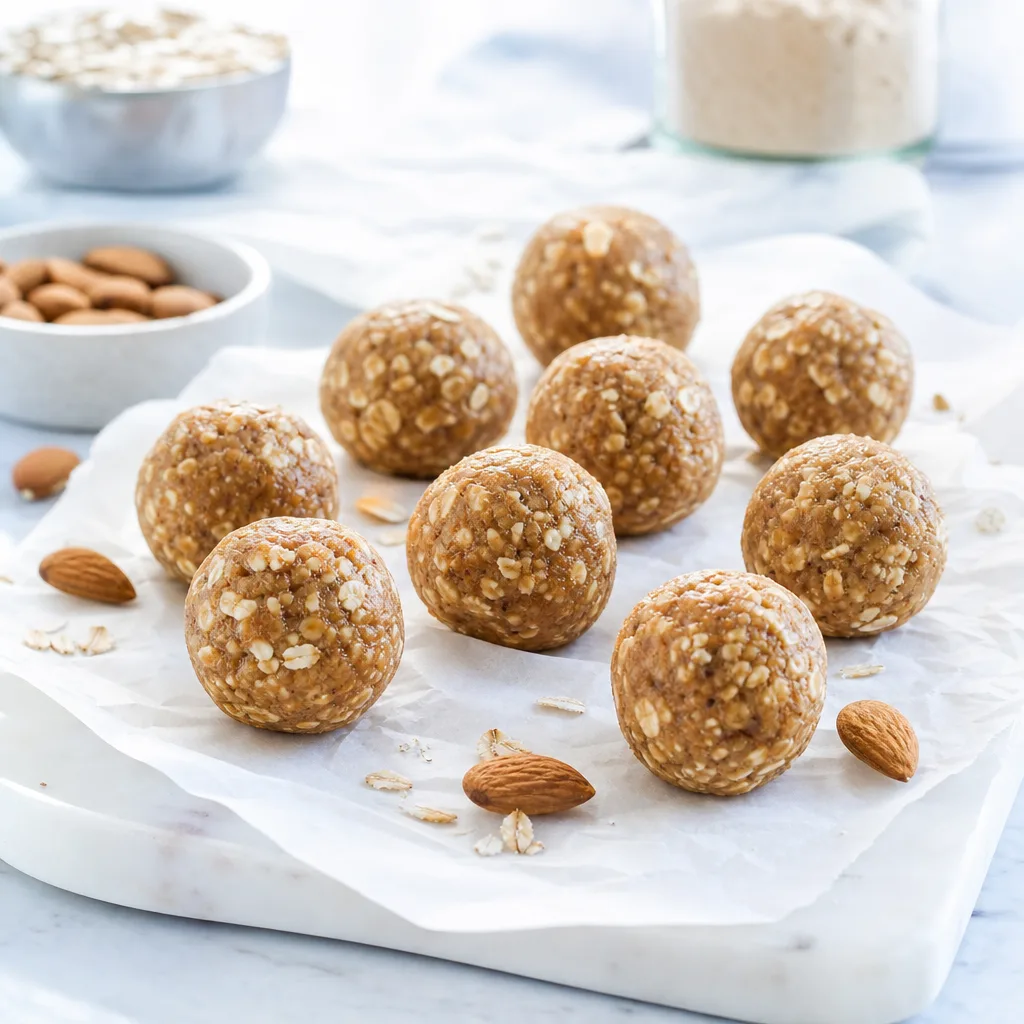 small round energy balls made with oats and nuts arranged on parchment paper
