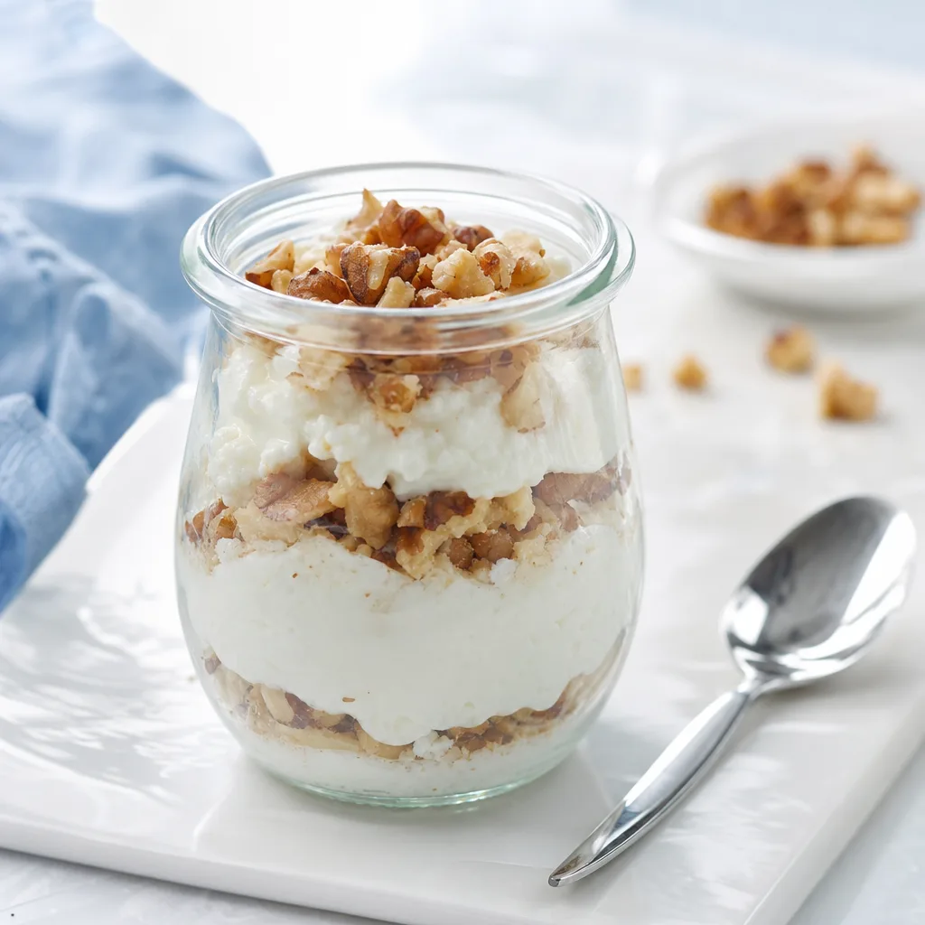 small jar layered with quark and chopped nuts, spoon beside it, close-up