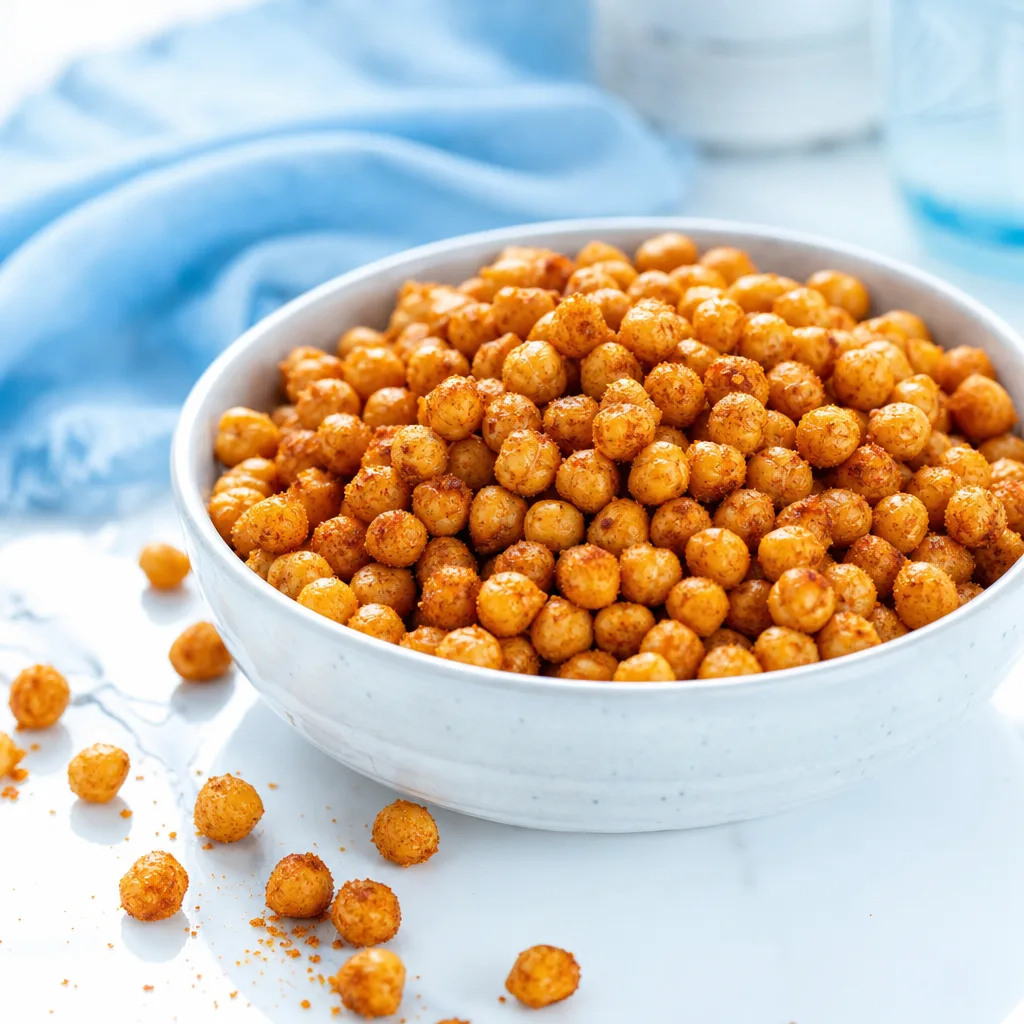 bowl of roasted crispy chickpeas seasoned with spices, close-up food photography