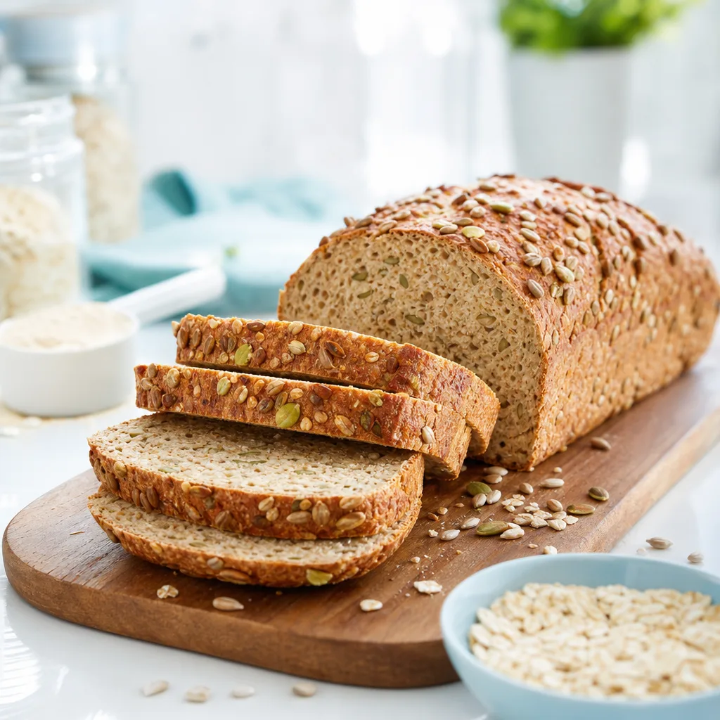 sliced homemade protein bread on a wooden board, seeds visible in the crumb