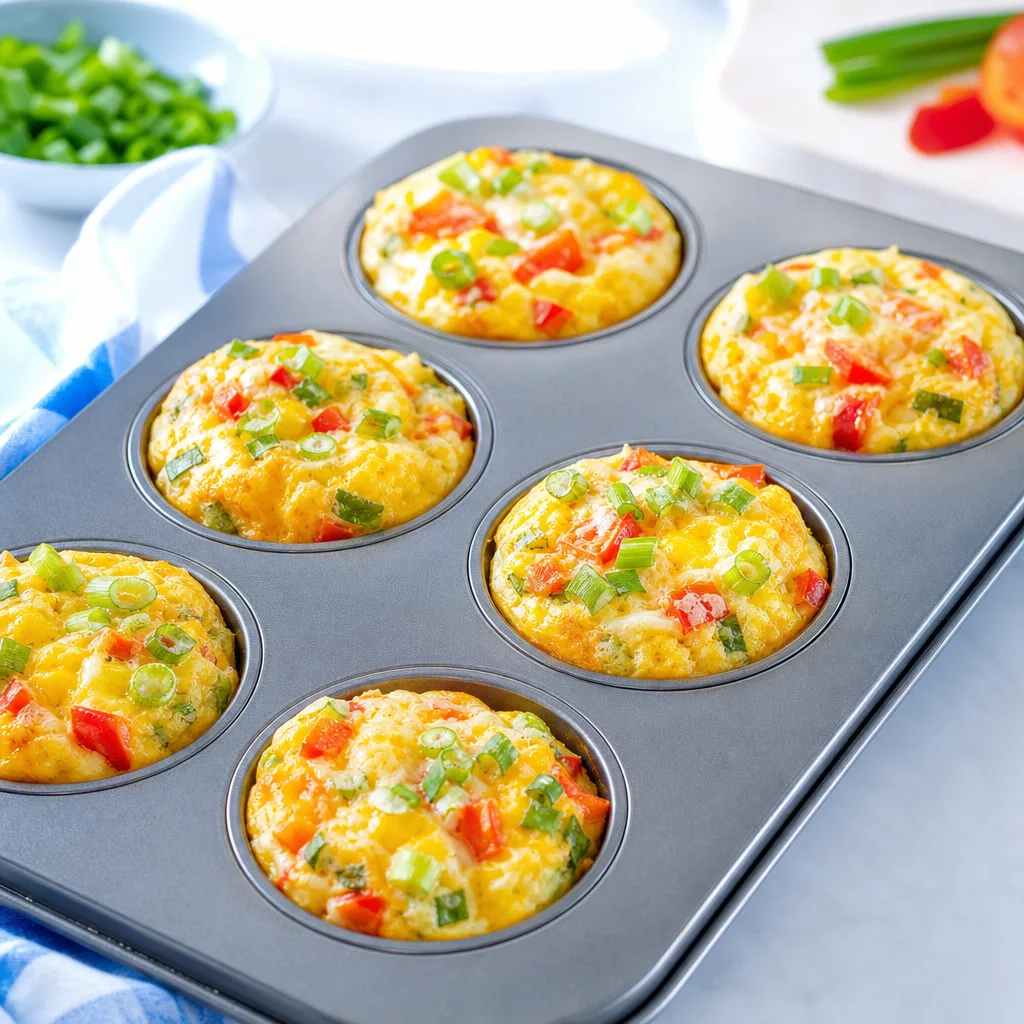 tray of savory egg muffins with cheese and vegetables, muffin tin, close-up