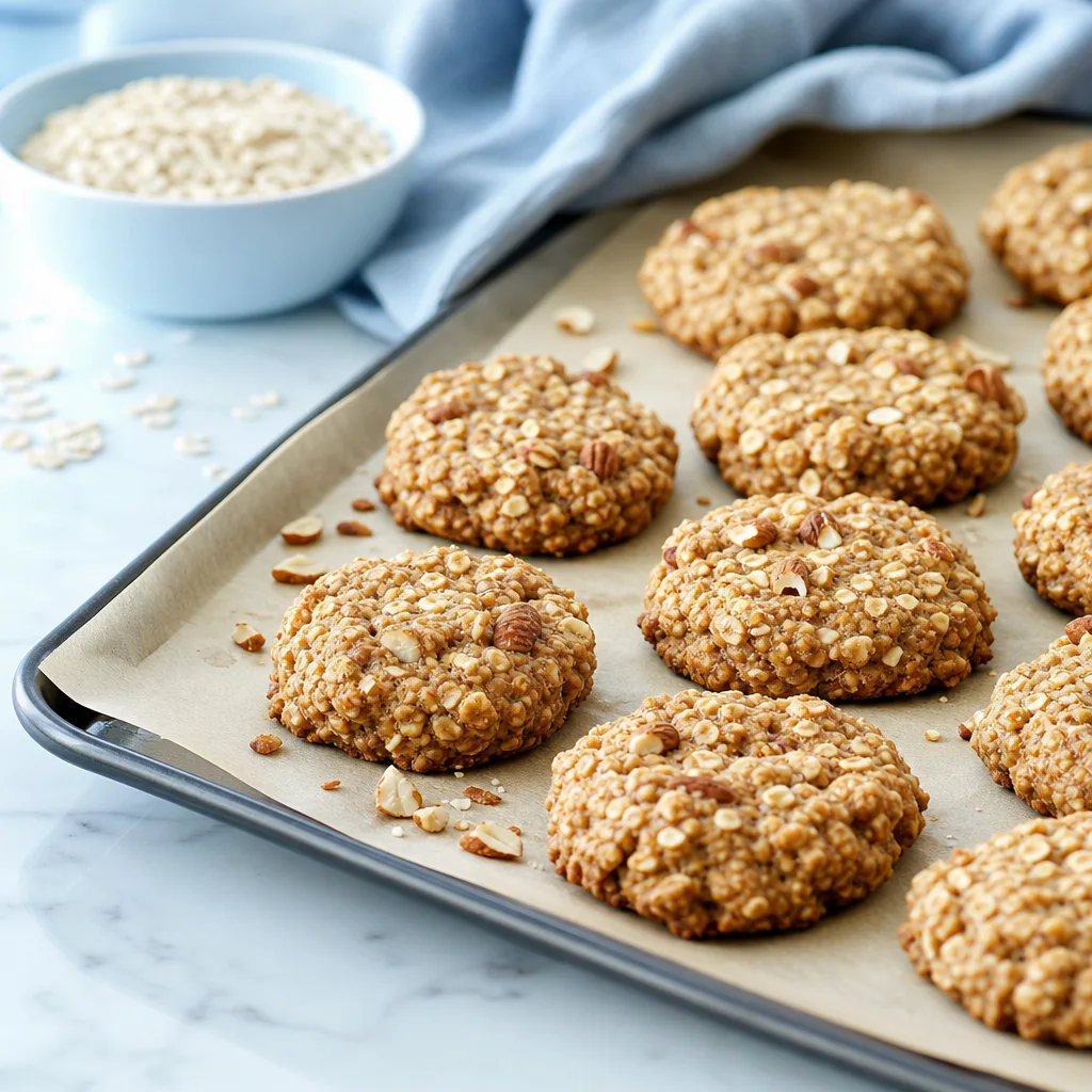 tray of oat cookies studded with nuts, cooling on parchment paper, close-up
