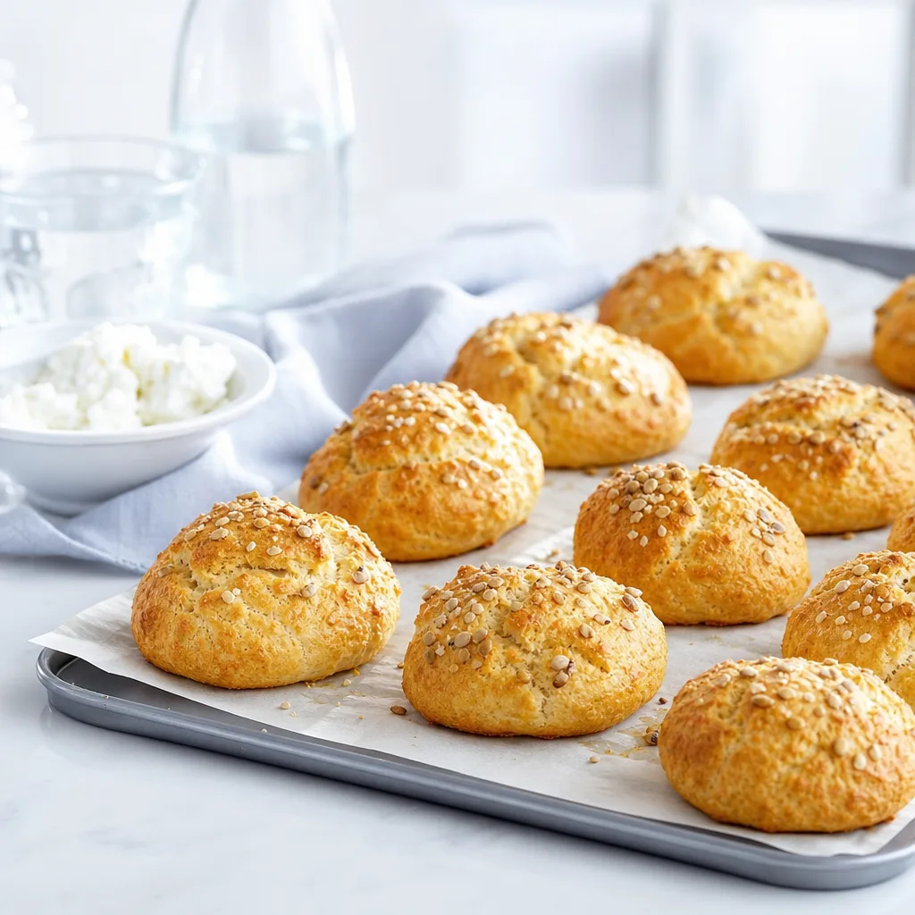 small baked bread rolls made with quark dough, arranged on a baking tray