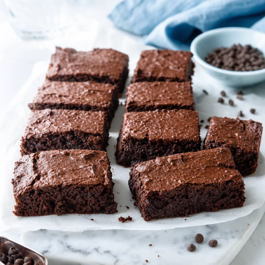 tray of dark chocolate brownies cut into squares, fudgy texture visible, close-up