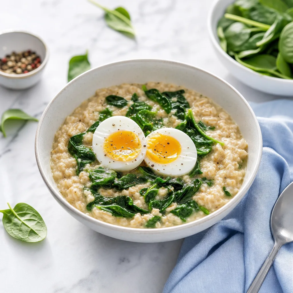 bowl of savory oat porridge topped with a soft boiled egg and wilted spinach