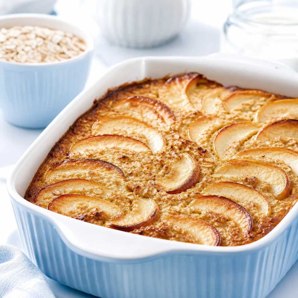 baking dish of baked oats with apple slices on top, golden brown, close-up