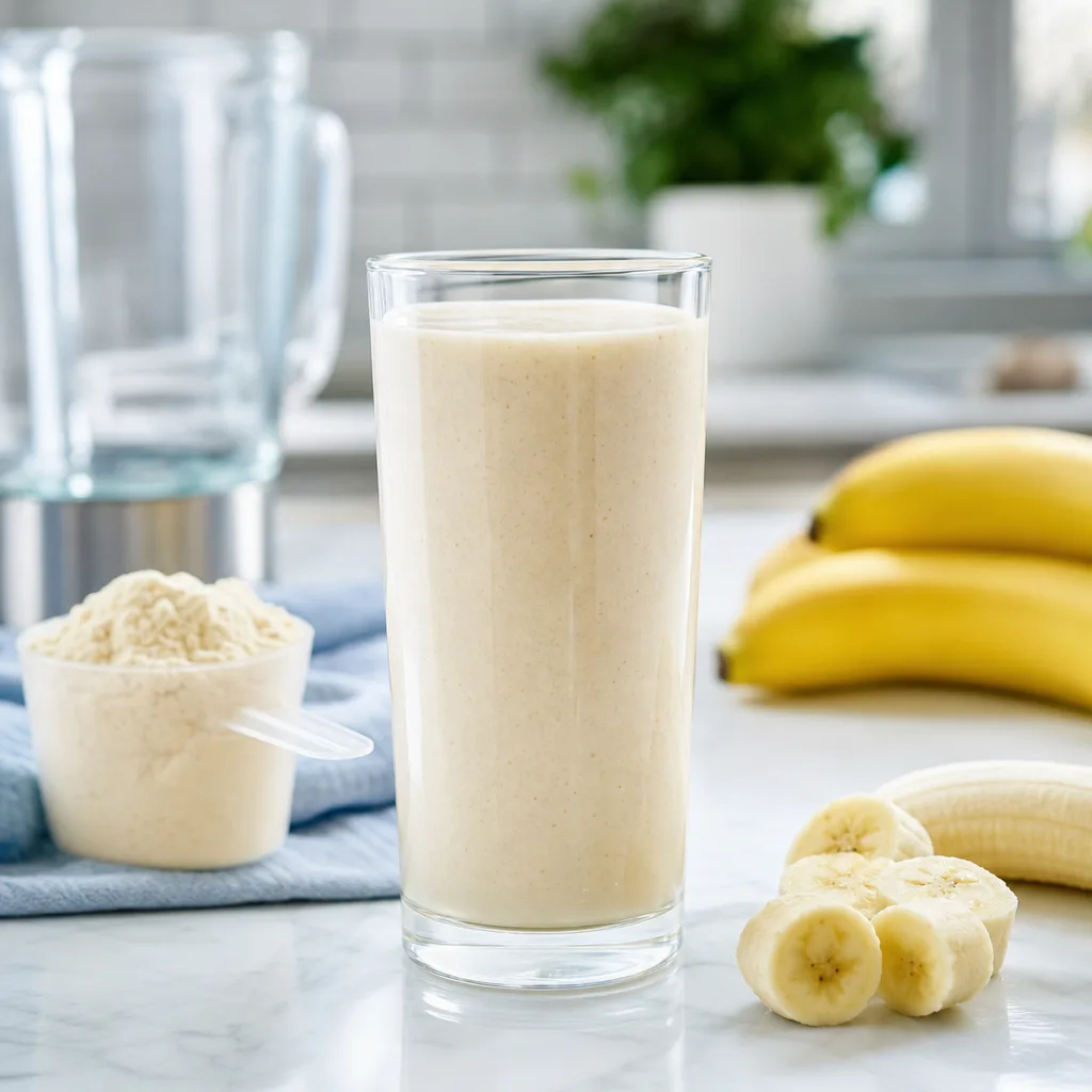 glass of banana protein shake with a few banana slices beside it, kitchen counter