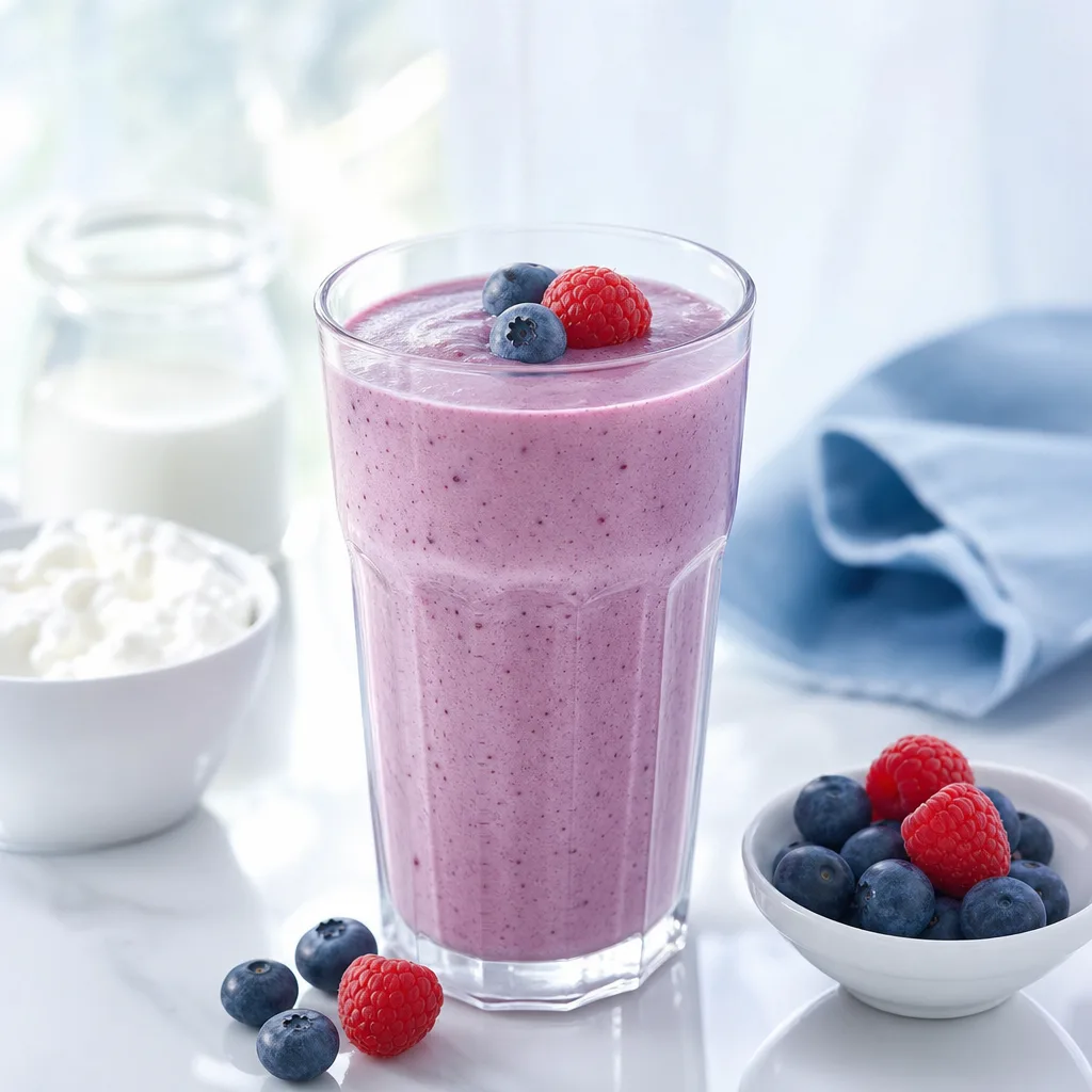 glass of pink berry smoothie made with skyr, garnished with a few fresh berries