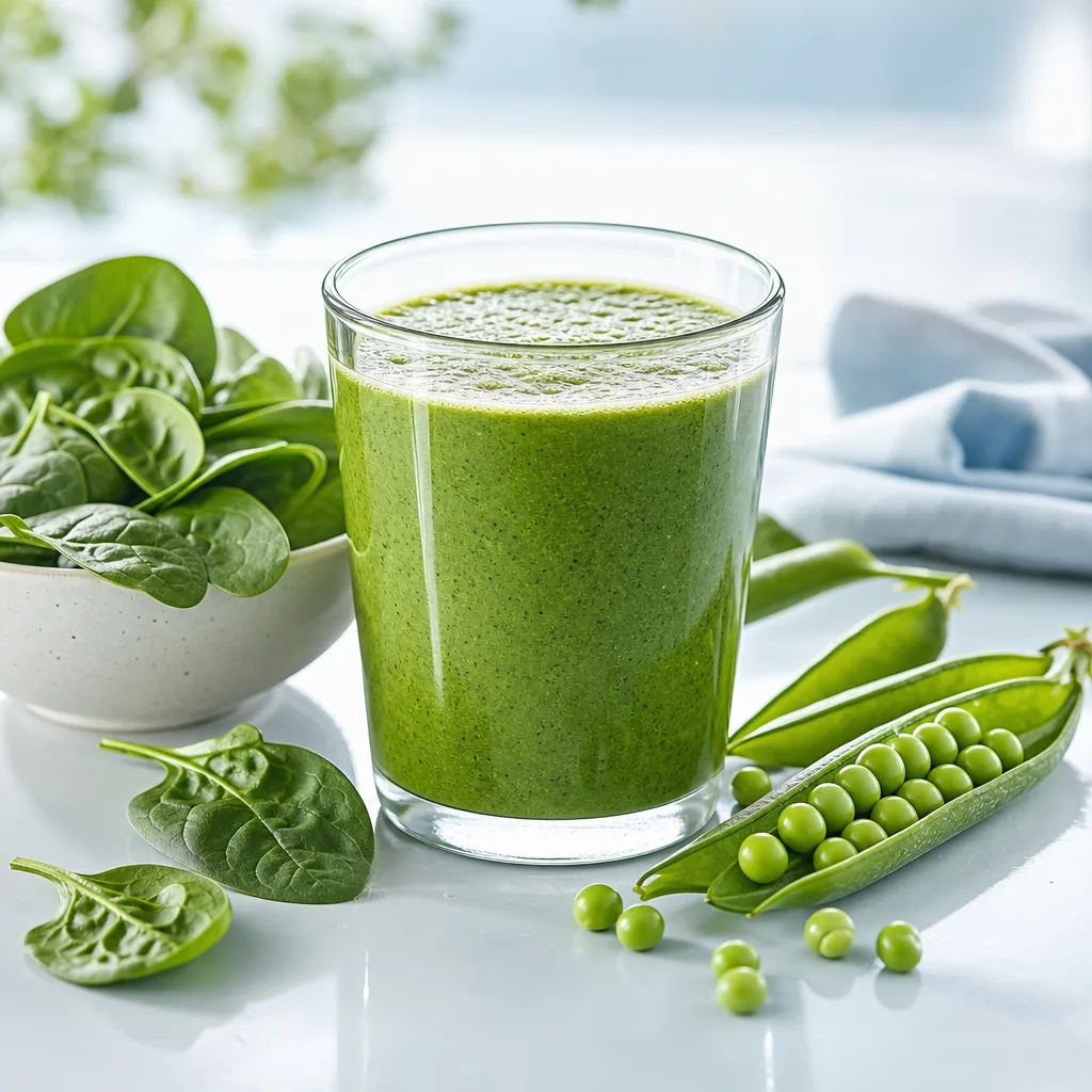 green smoothie in a glass with fresh spinach leaves and pea pods beside it