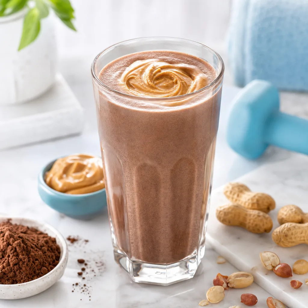 chocolate protein shake in a tall glass with a swirl of peanut butter on top