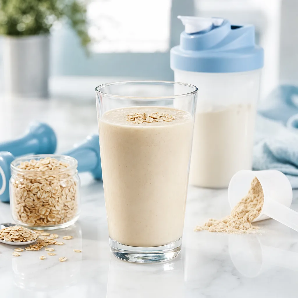glass of oat protein shake with a few rolled oats sprinkled on top, morning light