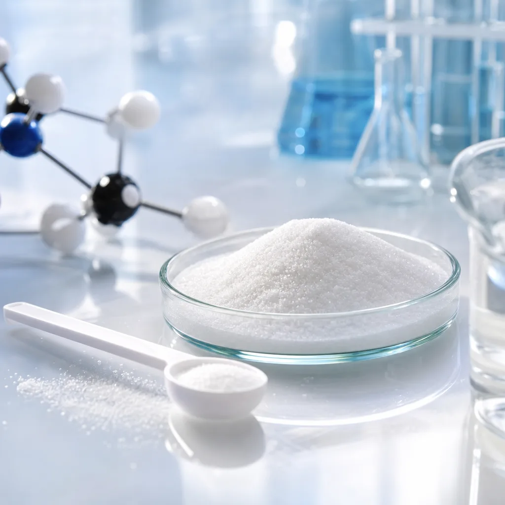fine white crystalline powder in a small glass dish with a measuring spoon on a lab bench