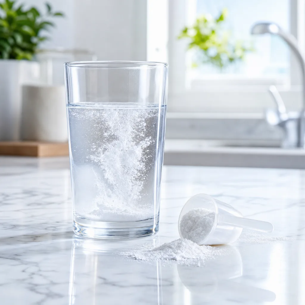 glass of water with dissolving white powder next to a small scoop on a marble kitchen counter