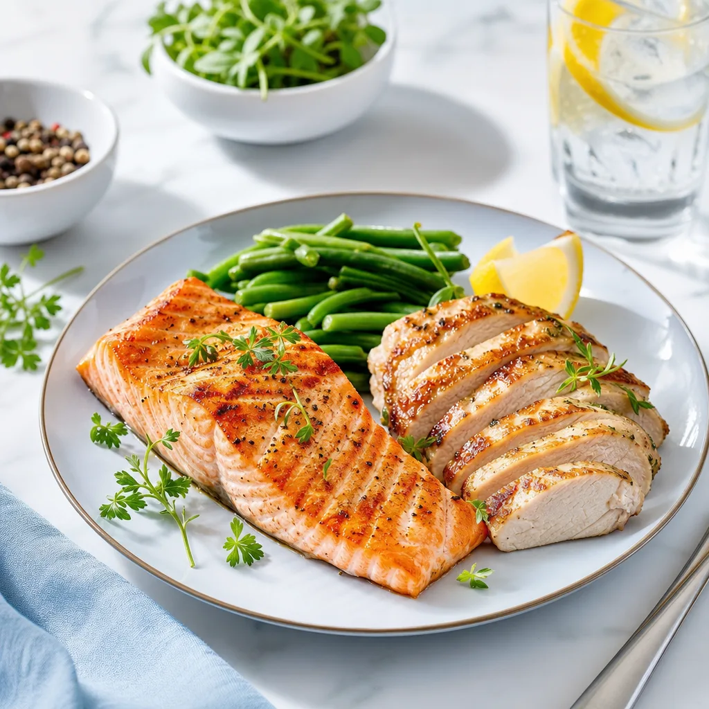 grilled salmon fillet and lean meat on a plate as natural food sources, overhead shot