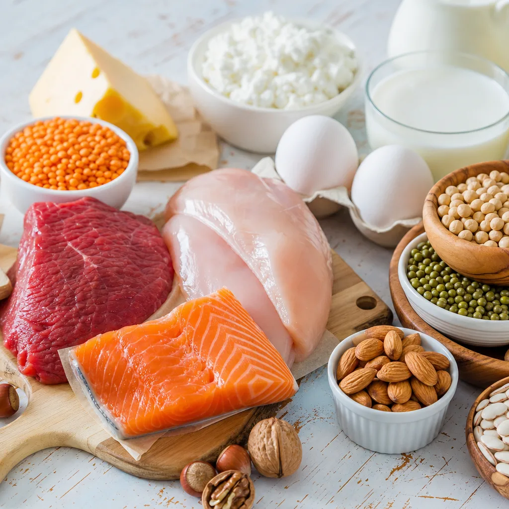 flat lay of varied protein rich foods including fish, legumes and eggs on a rustic surface