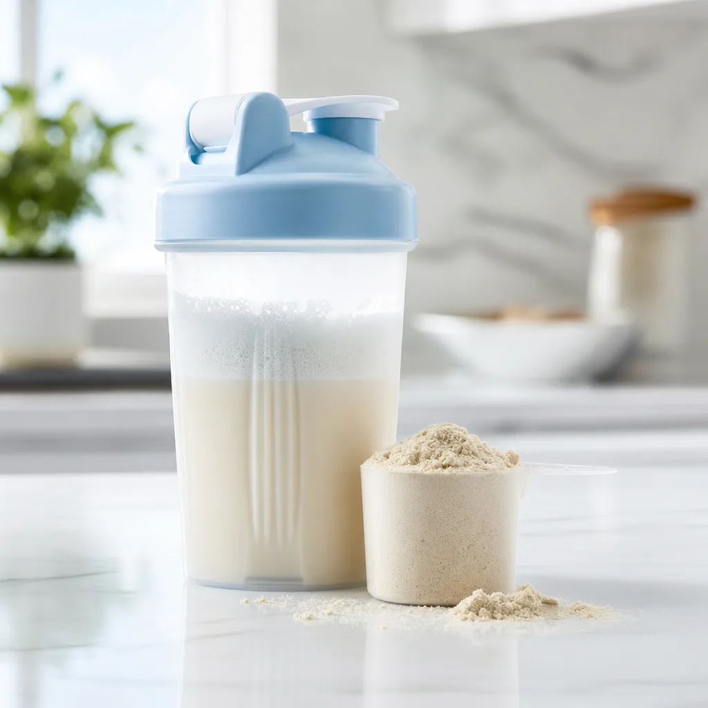 protein shaker bottle with powder scoop next to it on a light kitchen counter