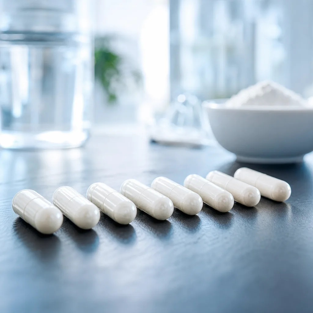 close up of amino acid supplement capsules arranged neatly on a dark surface