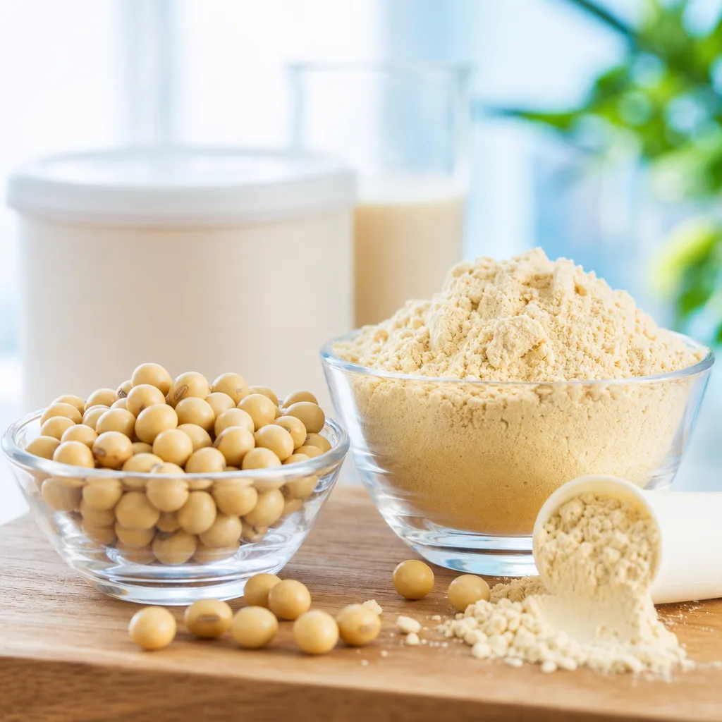 soybeans and light beige soy protein powder in small glass bowls on a wooden table