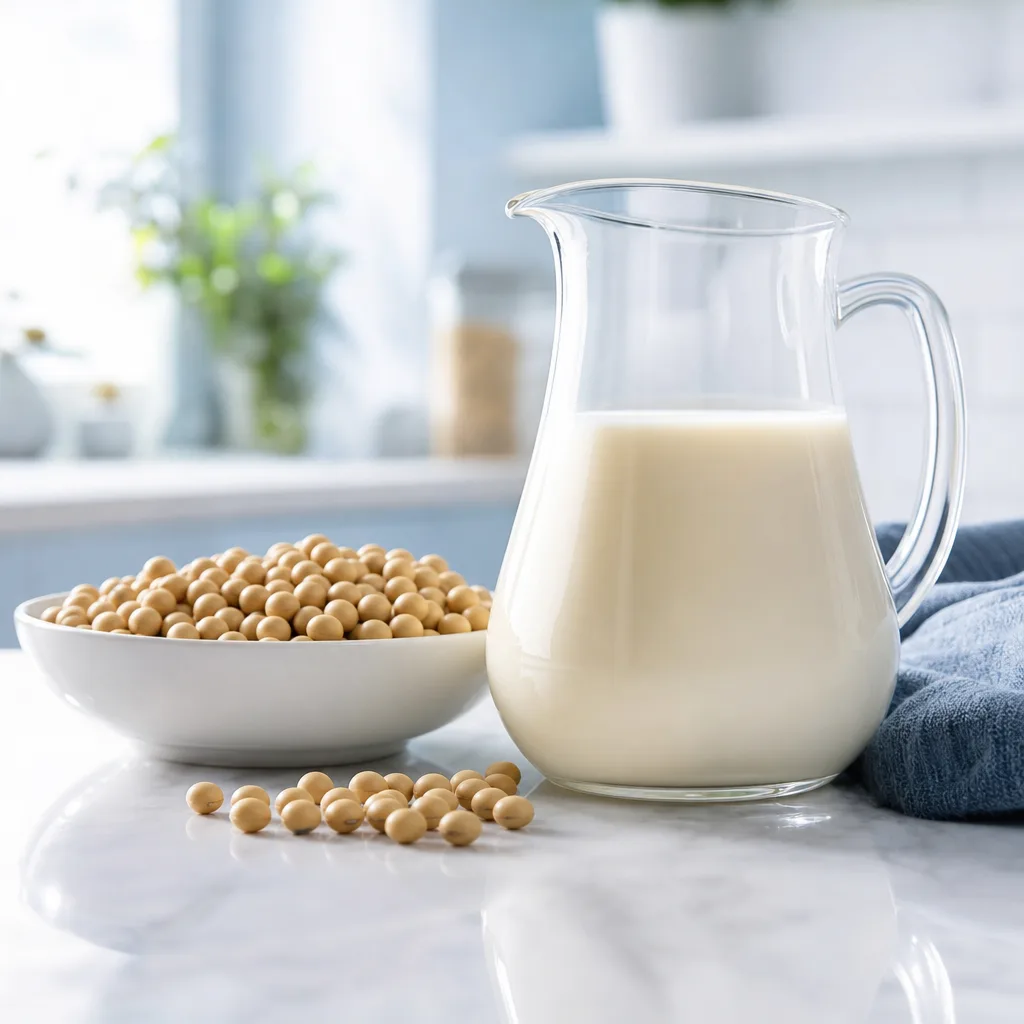 soy milk in a glass pitcher next to whole soybeans on a light kitchen surface