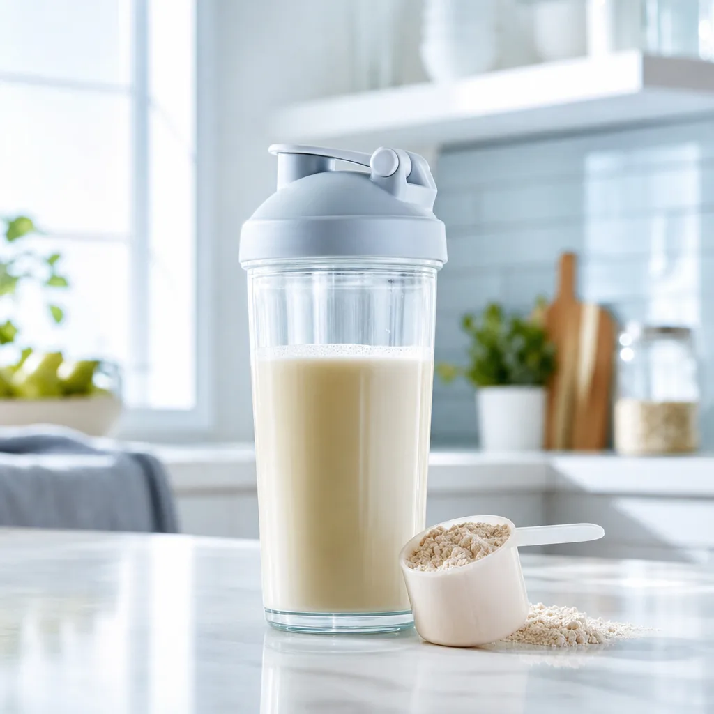 glass shaker bottle with pale beige protein shake on a kitchen counter next to a scoop
