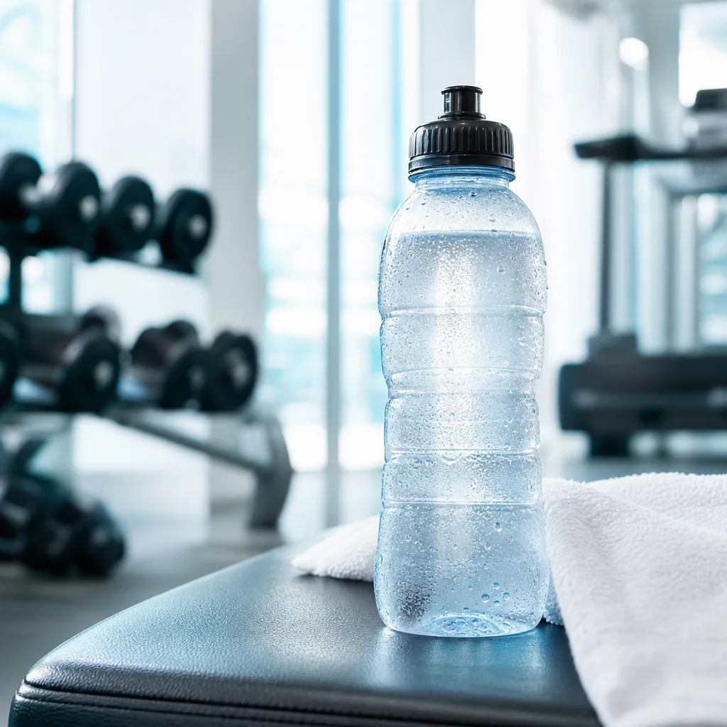clear sports drink bottle with condensation on a gym bench, blurred training equipment in background