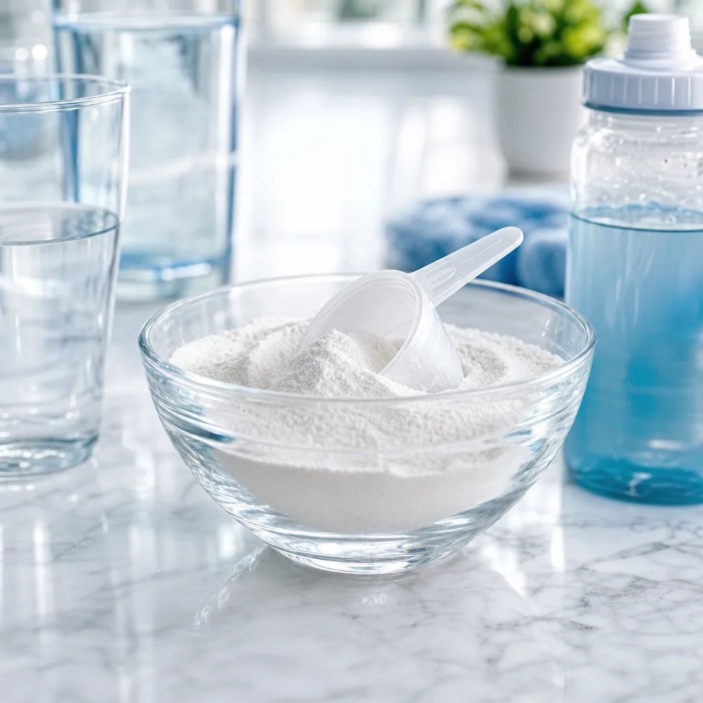 powdered electrolyte mix in a glass bowl with a measuring scoop on a marble counter