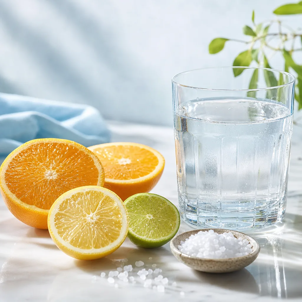 citrus fruit halves and a small bowl of sea salt next to a glass of water on a light background