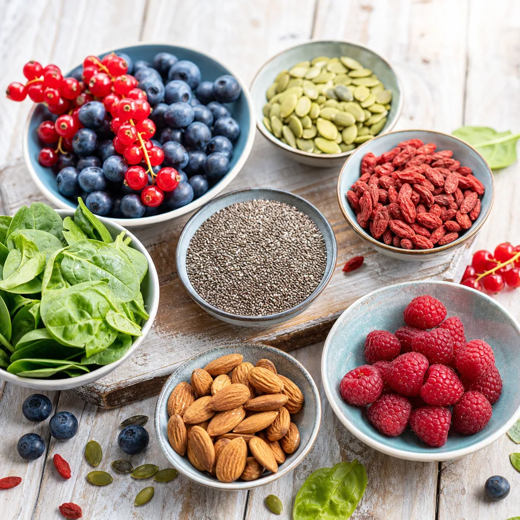 flat lay of colorful berries, seeds and leafy greens on a wooden table, soft daylight
