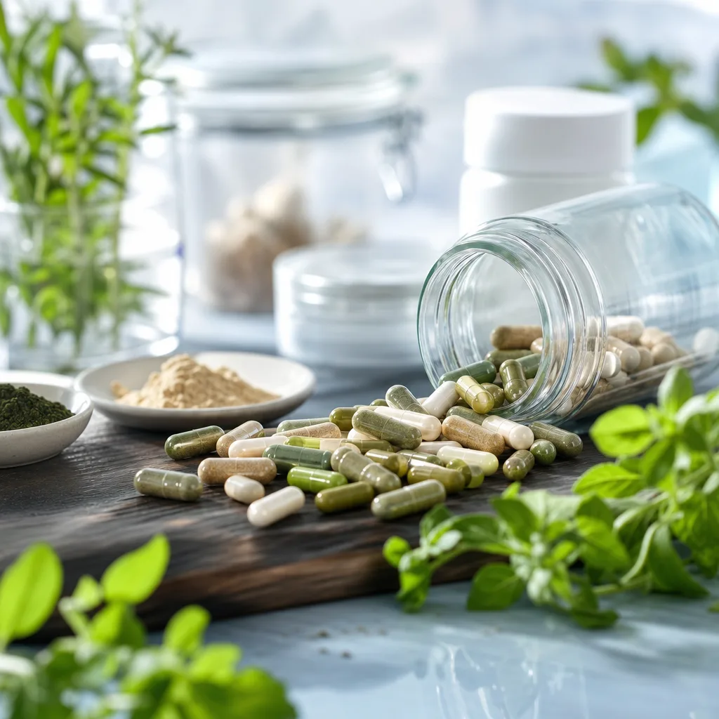 assorted herbal supplement capsules spilling from a glass jar onto a dark wooden surface