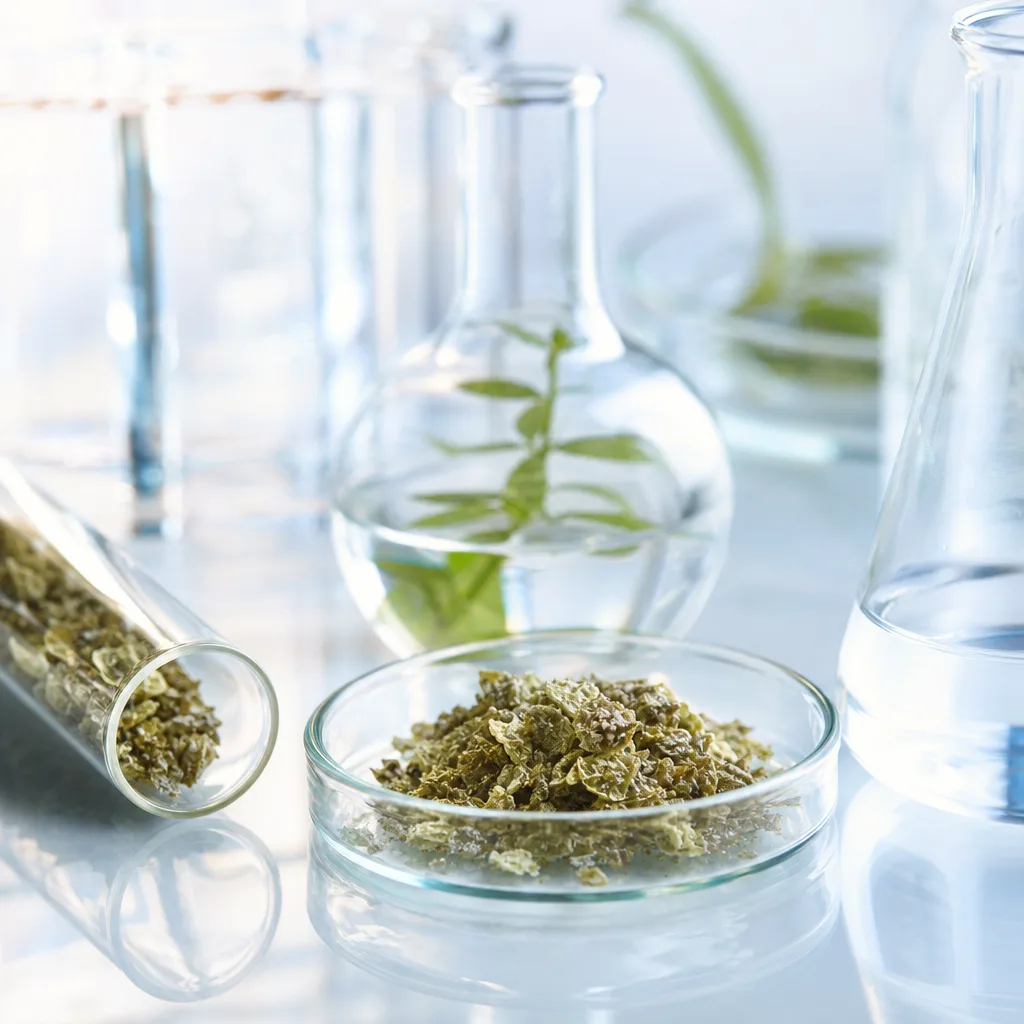 close up laboratory glassware with dried herbal extract crystals under soft studio light