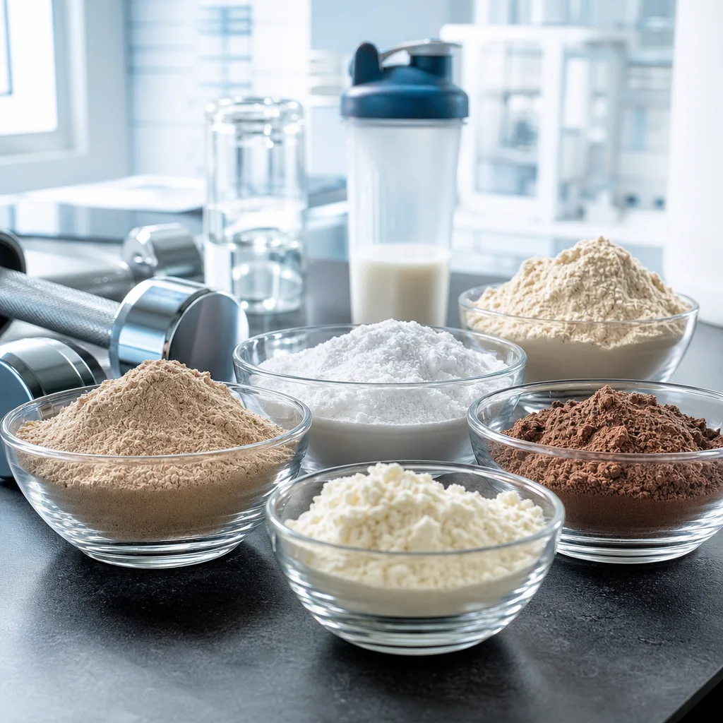 various supplement powders in small glass bowls arranged on a dark countertop