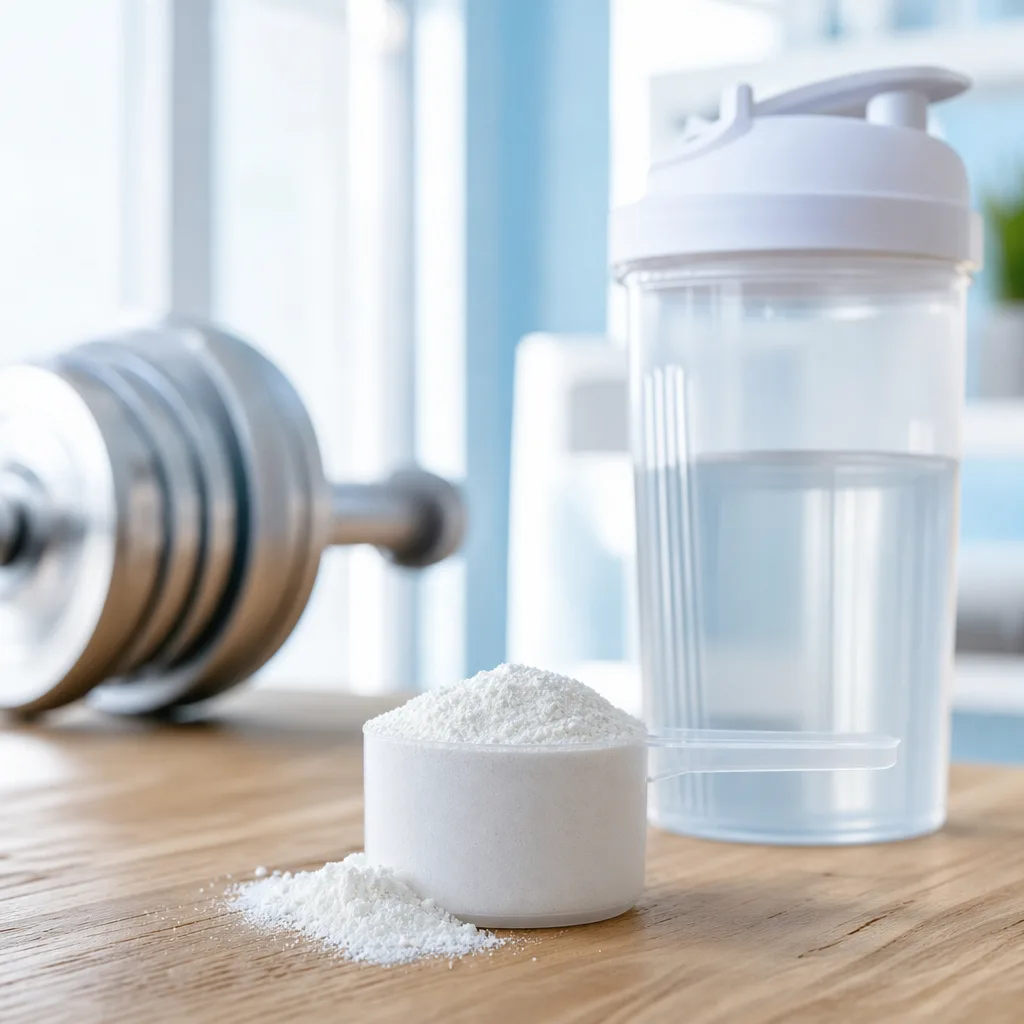 scoop of creatine monohydrate powder next to a shaker bottle on a wooden table