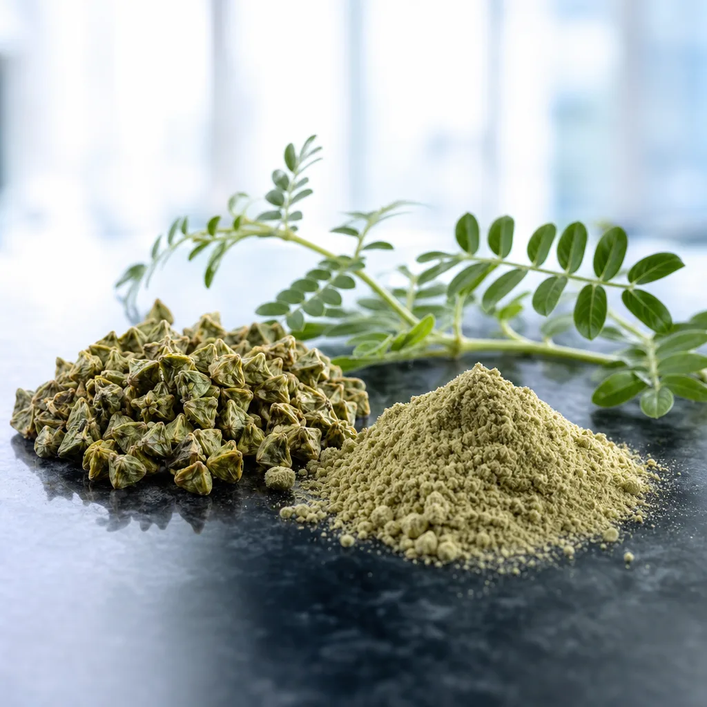 pile of dried tribulus terrestris seeds and plant extract powder on a dark surface