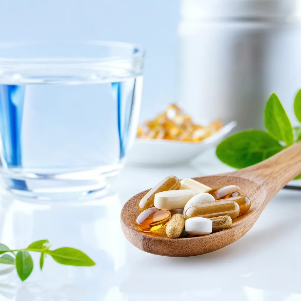 close up of supplement capsules and tablets on a wooden spoon