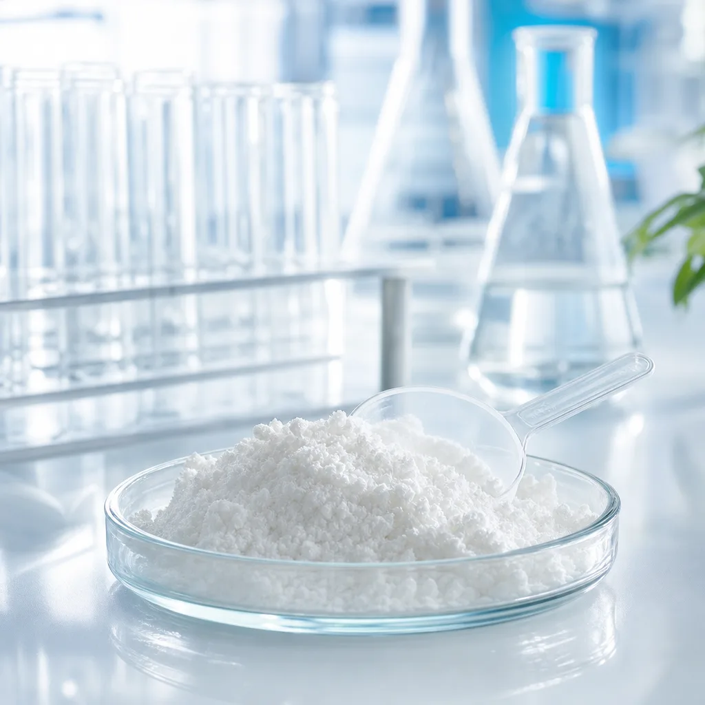 white crystalline powder in a small glass dish with a measuring scoop, laboratory style