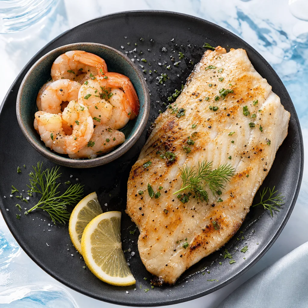 grilled fish fillet and a small bowl of cooked shrimp on a dark plate, overhead shot