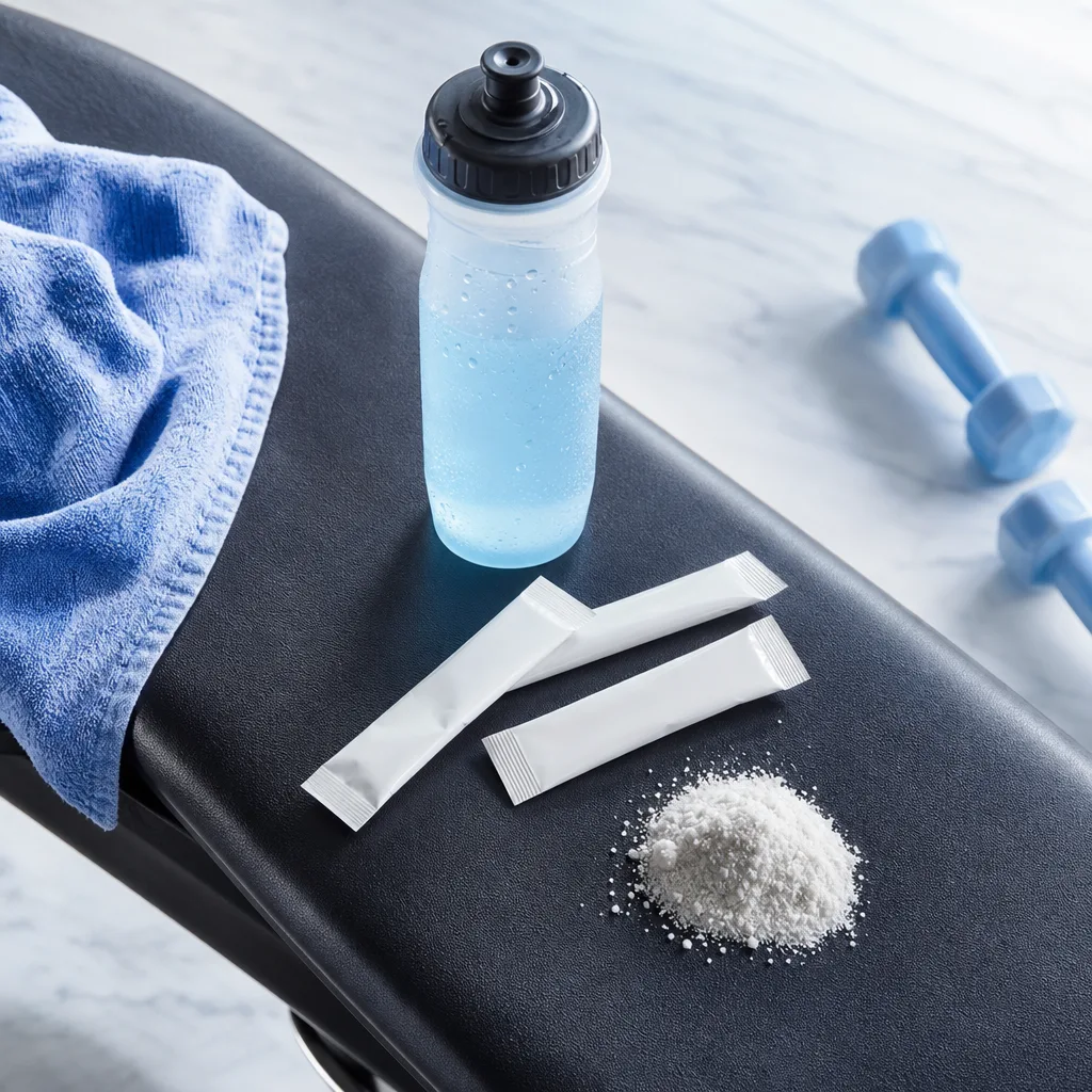 sports drink bottle and electrolyte powder sachets on a gym bench, top down view