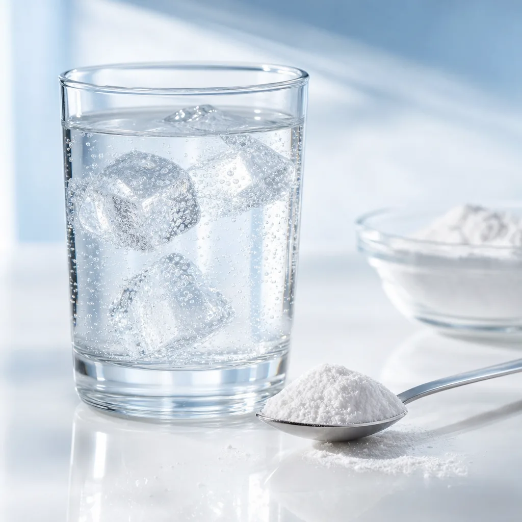 clear glass of sparkling water with ice cubes next to white supplement powder on a spoon