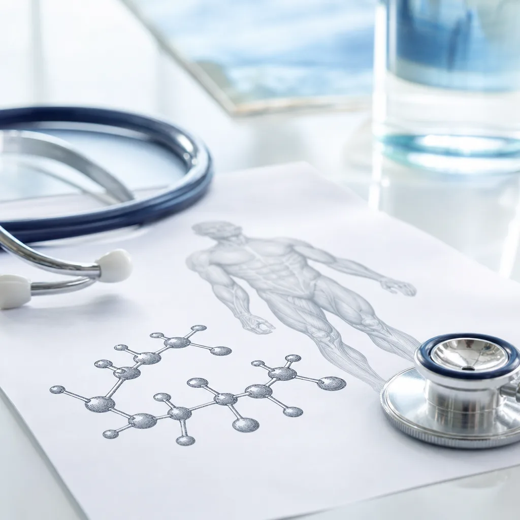 anatomical illustration style molecule structure printed on paper next to a stethoscope, still life